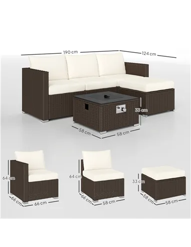 Outsunny Five Piece Rattan Garden Furniture Set with Gas Fire Pit Table and Footstool - Brown and Cream White