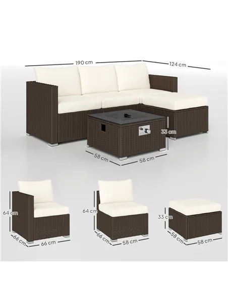 Outsunny Five Piece Rattan Garden Furniture Set with Gas Fire Pit Table and Footstool - Brown and Cream White