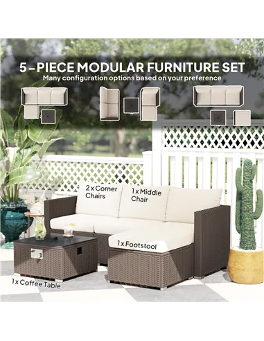 Outsunny Five Piece Rattan Garden Furniture Set with Gas Fire Pit Table and Footstool - Brown and Cream White