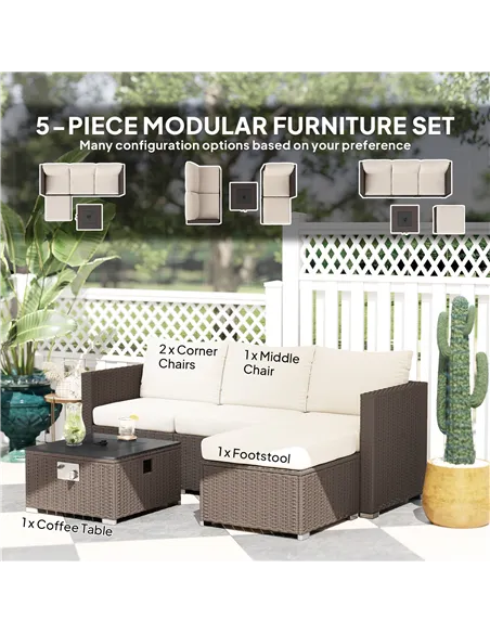 Outsunny Five Piece Rattan Garden Furniture Set with Gas Fire Pit Table and Footstool - Brown and Cream White