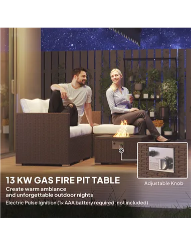 Outsunny Five Piece Rattan Garden Furniture Set with Gas Fire Pit Table and Footstool - Brown and Cream White