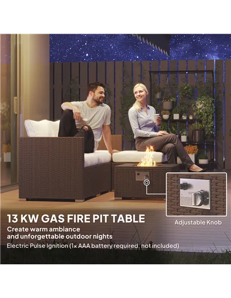 Outsunny Five Piece Rattan Garden Furniture Set with Gas Fire Pit Table and Footstool - Brown and Cream White