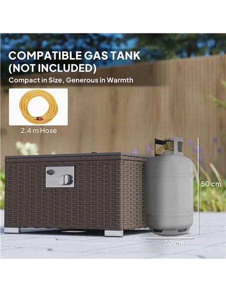 Outsunny Five Piece Rattan Garden Furniture Set with Gas Fire Pit Table and Footstool - Brown and Cream White