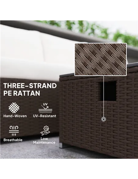 Outsunny Five Piece Rattan Garden Furniture Set with Gas Fire Pit Table and Footstool - Brown and Cream White