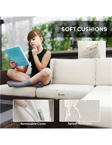 Outsunny Five Piece Rattan Garden Furniture Set with Gas Fire Pit Table and Footstool - Brown and Cream White