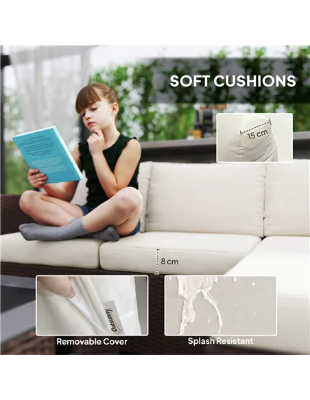 Outsunny Five Piece Rattan Garden Furniture Set with Gas Fire Pit Table and Footstool - Brown and Cream White