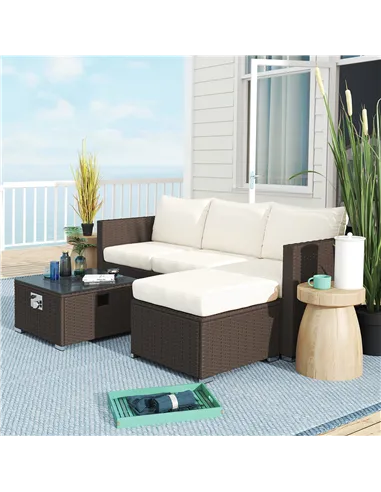 Outsunny Five Piece Rattan Garden Furniture Set with Gas Fire Pit Table and Footstool - Brown and Cream White