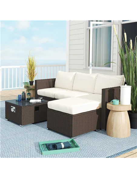 Outsunny Five Piece Rattan Garden Furniture Set with Gas Fire Pit Table and Footstool - Brown and Cream White