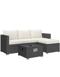 Outsunny Five Piece Rattan Garden Furniture Set with Gas Fire Pit Table and Footstool - Black and Cream White