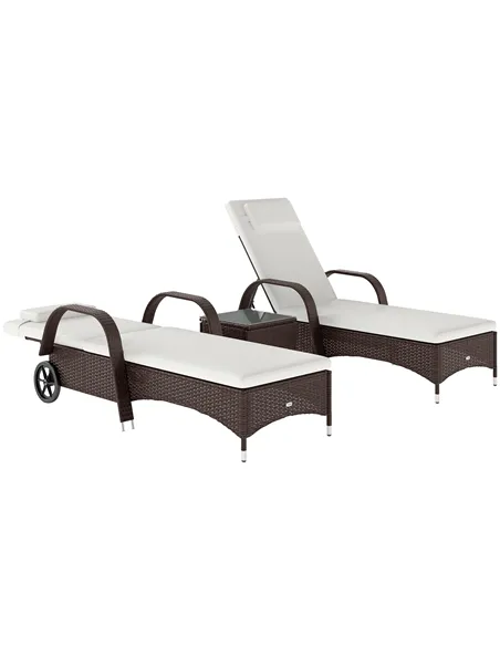 Outsunny 3 Pieces PE Rattan Patio Lounge Chair Set, Outdoor Recliner Lounge Chairs with Wheels, for Outside with Cushions, Headr