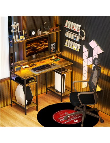 HOMCOM Computer Desk with Power Outlets and LED Lights, Home Office Desk with Monitor Stand, 2 CPU Stands and Storage Shelves, S