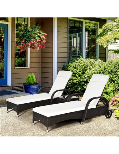 Outsunny 3 Pieces PE Rattan Patio Lounge Chair Set, Outdoor Recliner Lounge Chairs with Wheels, for Outside with Cushions, Headr