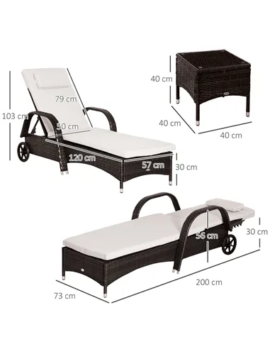 Outsunny 3 Pieces PE Rattan Patio Lounge Chair Set, Outdoor Recliner Lounge Chairs with Wheels, for Outside with Cushions, Headr