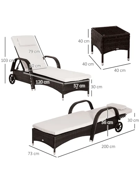 Outsunny 3 Pieces PE Rattan Patio Lounge Chair Set, Outdoor Recliner Lounge Chairs with Wheels, for Outside with Cushions, Headr
