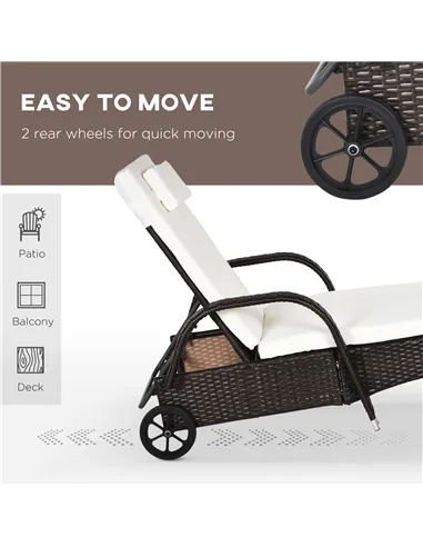 Outsunny 3 Pieces PE Rattan Patio Lounge Chair Set, Outdoor Recliner Lounge Chairs with Wheels, for Outside with Cushions, Headr