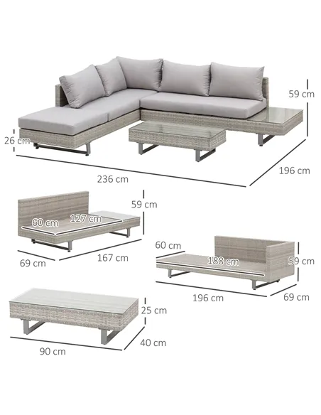 Outsunny Three-Piece Corner Rattan Set, with Glass Tables