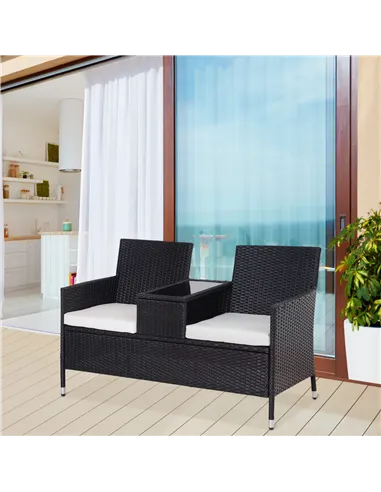 Outsunny 2-Seater Rattan Chair Set W/Middle Tea Table-Black