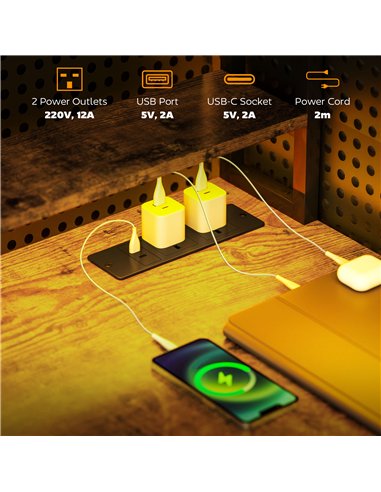 HOMCOM Computer Desk with Power Outlets and LED Lights, Home Office Desk with Monitor Stand, 2 CPU Stands and Storage Shelves, S