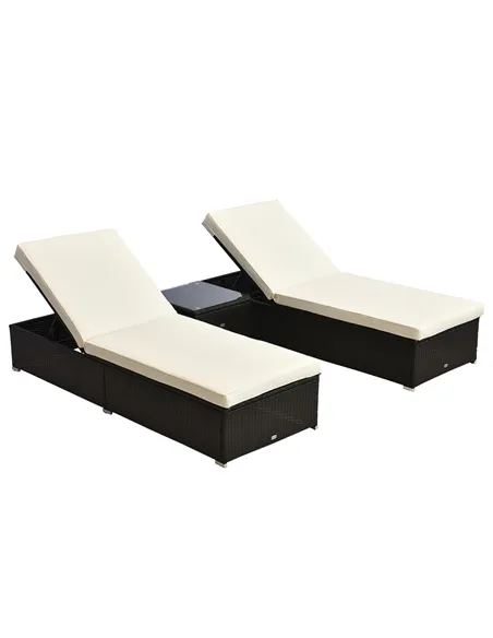 Outsunny 2-Seater Rattan Lounger Set-Deep Coffee/Cream White