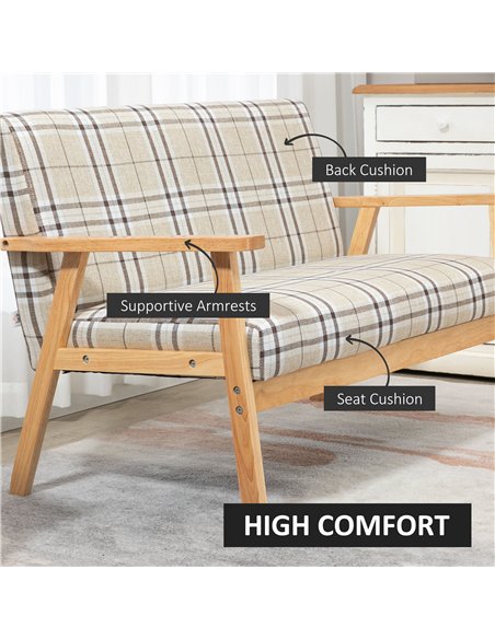 HOMCOM Compact Loveseat Couch Double Seat Sofa with Lattice Pattern and Rubber Wood Frame Beige and Coffee