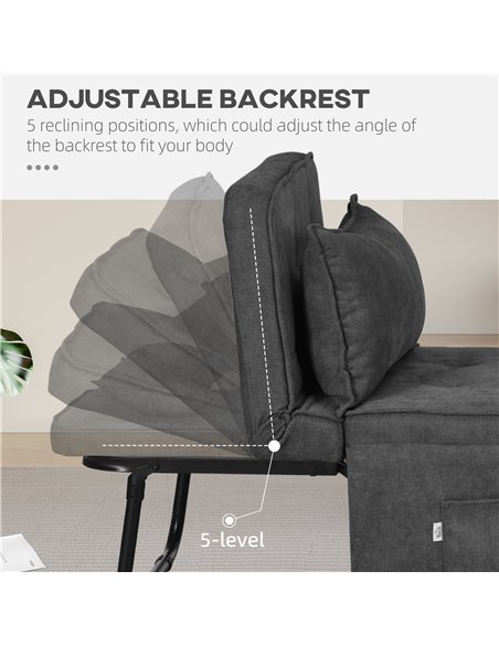 HOMCOM Fabric Sleeper Chair, Folding Chair Bed with Adjustable Backrest, Pillow, Side Pockets for Living Room, Charcoal Grey