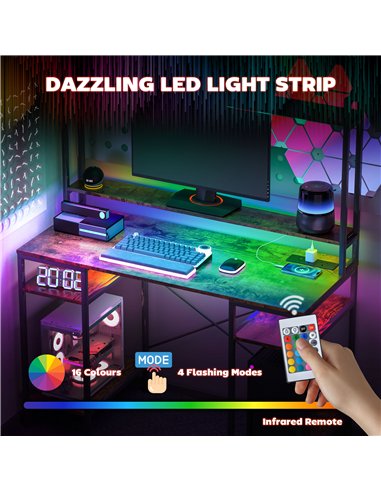 HOMCOM Computer Desk with Power Outlets and LED Lights, Home Office Desk with Monitor Stand, 2 CPU Stands and Storage Shelves, S