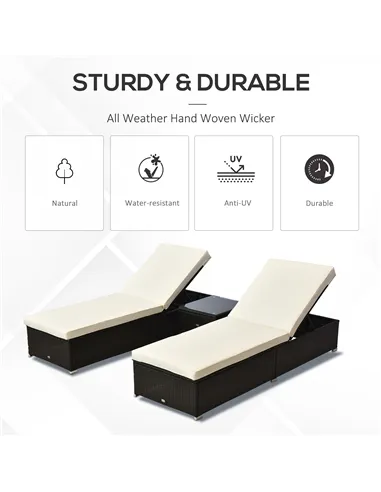 Outsunny 2-Seater Rattan Lounger Set-Deep Coffee/Cream White