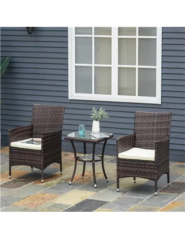 Outsunny Three-Piece Rattan Chair Set, with Cushions - Brown