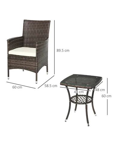 Outsunny Three-Piece Rattan Chair Set, with Cushions - Brown