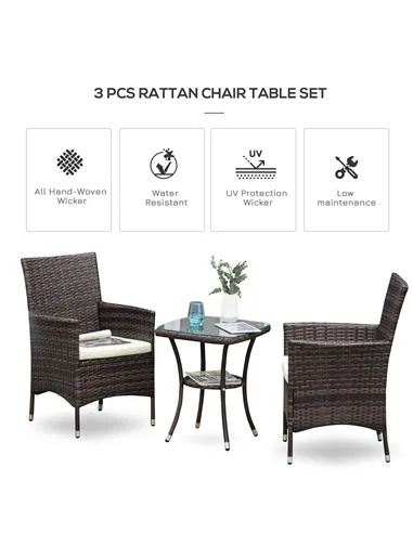 Outsunny Three-Piece Rattan Chair Set, with Cushions - Brown