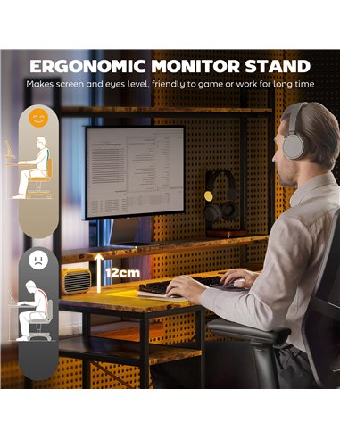 HOMCOM Computer Desk with Power Outlets and LED Lights, Home Office Desk with Monitor Stand, 2 CPU Stands and Storage Shelves, S