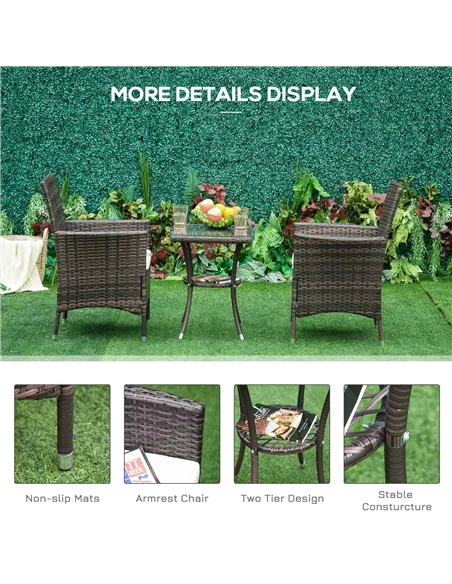 Outsunny Three-Piece Rattan Chair Set, with Cushions - Brown