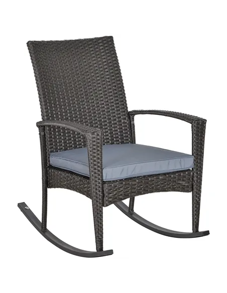 Outsunny Outdoor PE Rattan Rocking Chair, Garden Rocking Chair Set with Armrest and Cushion, Grey