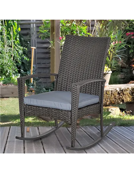 Outsunny Outdoor PE Rattan Rocking Chair, Garden Rocking Chair Set with Armrest and Cushion, Grey