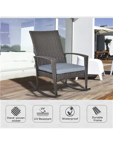 Outsunny Outdoor PE Rattan Rocking Chair, Garden Rocking Chair Set with Armrest and Cushion, Grey