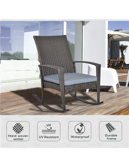 Outsunny Outdoor PE Rattan Rocking Chair, Garden Rocking Chair Set with Armrest and Cushion, Grey