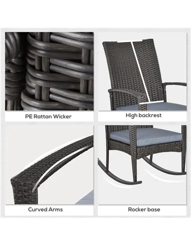 Outsunny Outdoor PE Rattan Rocking Chair, Garden Rocking Chair Set with Armrest and Cushion, Grey