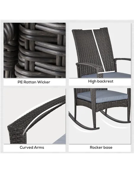 Outsunny Outdoor PE Rattan Rocking Chair, Garden Rocking Chair Set with Armrest and Cushion, Grey