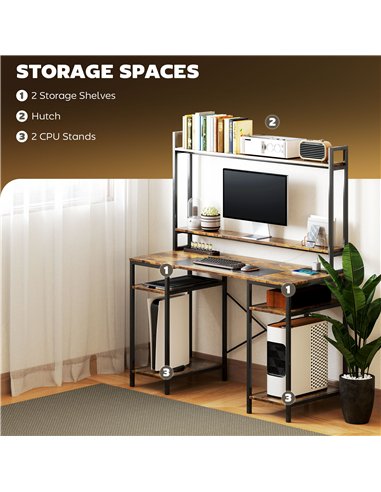 HOMCOM Computer Desk with Power Outlets and LED Lights, Home Office Desk with Monitor Stand, 2 CPU Stands and Storage Shelves, S