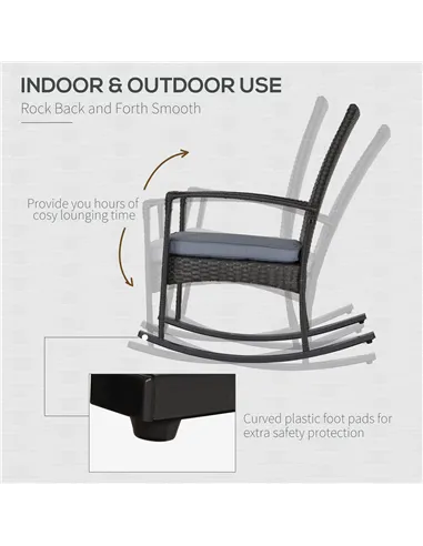 Outsunny Outdoor PE Rattan Rocking Chair, Garden Rocking Chair Set with Armrest and Cushion, Grey