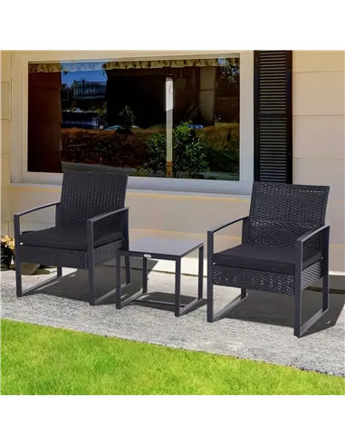 Outsunny 2 Seater Rattan Coffee Set-Black