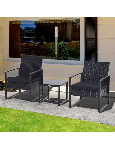 Outsunny 2 Seater Rattan Coffee Set-Black