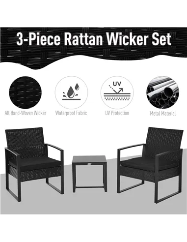 Outsunny 2 Seater Rattan Coffee Set-Black