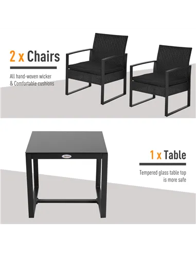 Outsunny 2 Seater Rattan Coffee Set-Black