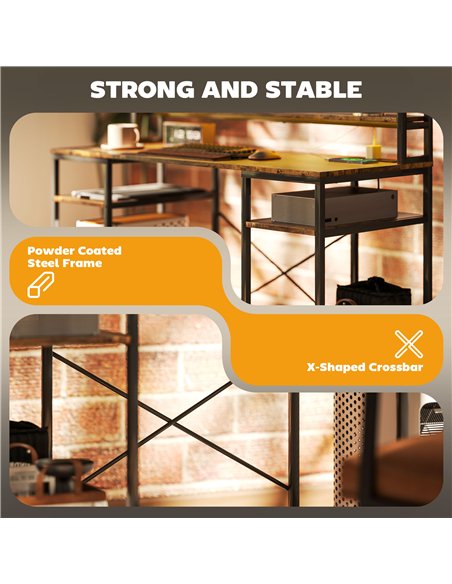 HOMCOM Computer Desk with Power Outlets and LED Lights, Home Office Desk with Monitor Stand, 2 CPU Stands and Storage Shelves, S