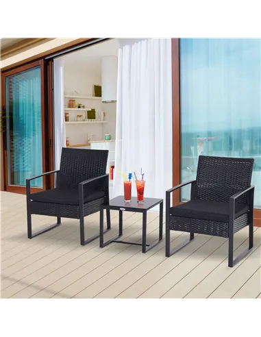 Outsunny 2 Seater Rattan Coffee Set-Black