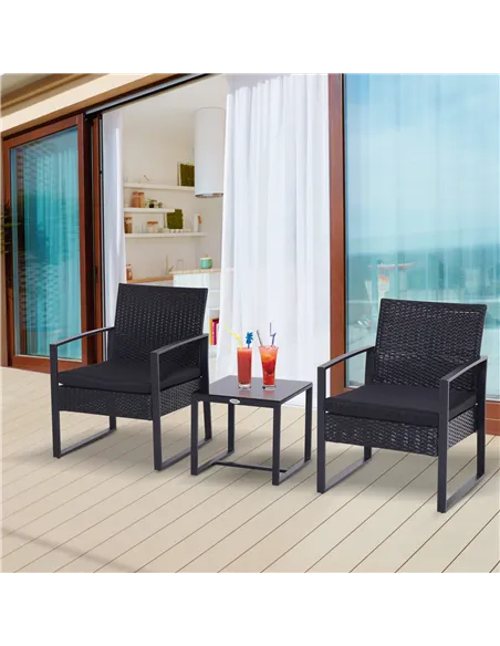 Outsunny 2 Seater Rattan Coffee Set-Black