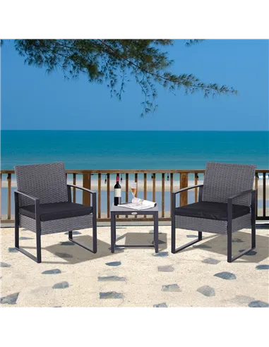 Outsunny 2 Seater Rattan Patio Set W/ Cushions-Grey/Black