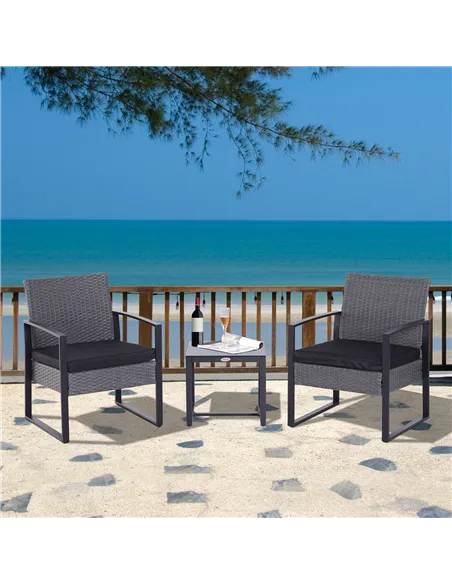 Outsunny 2 Seater Rattan Patio Set W/ Cushions-Grey/Black