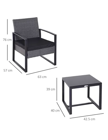 Outsunny 2 Seater Rattan Patio Set W/ Cushions-Grey/Black